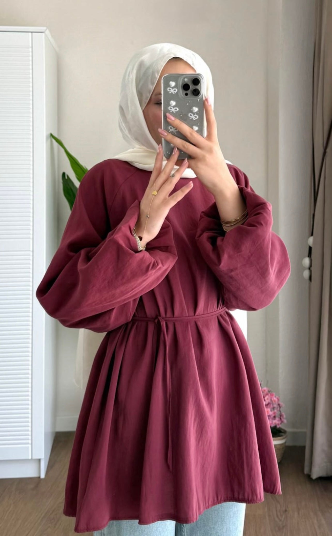 Balon Kol Bel Bağlamalı Tesettür Gömlek - Bordo