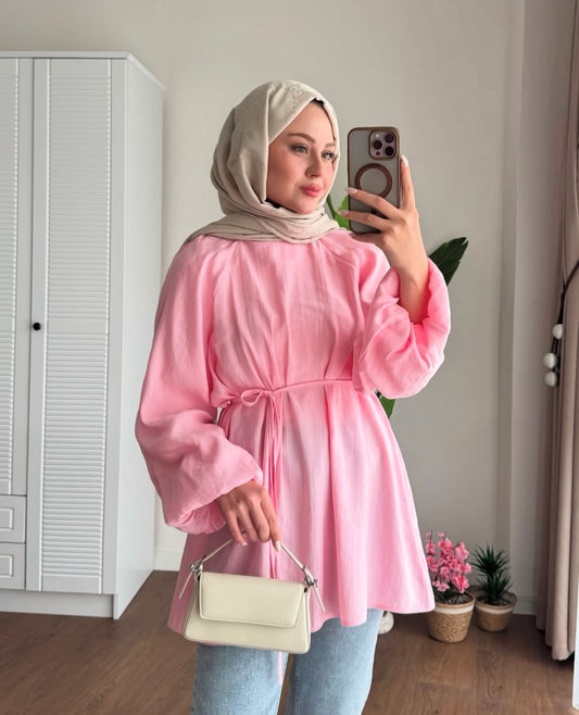 Balon Kol Bel Bağlamalı Tesettür Gömlek - Pembe