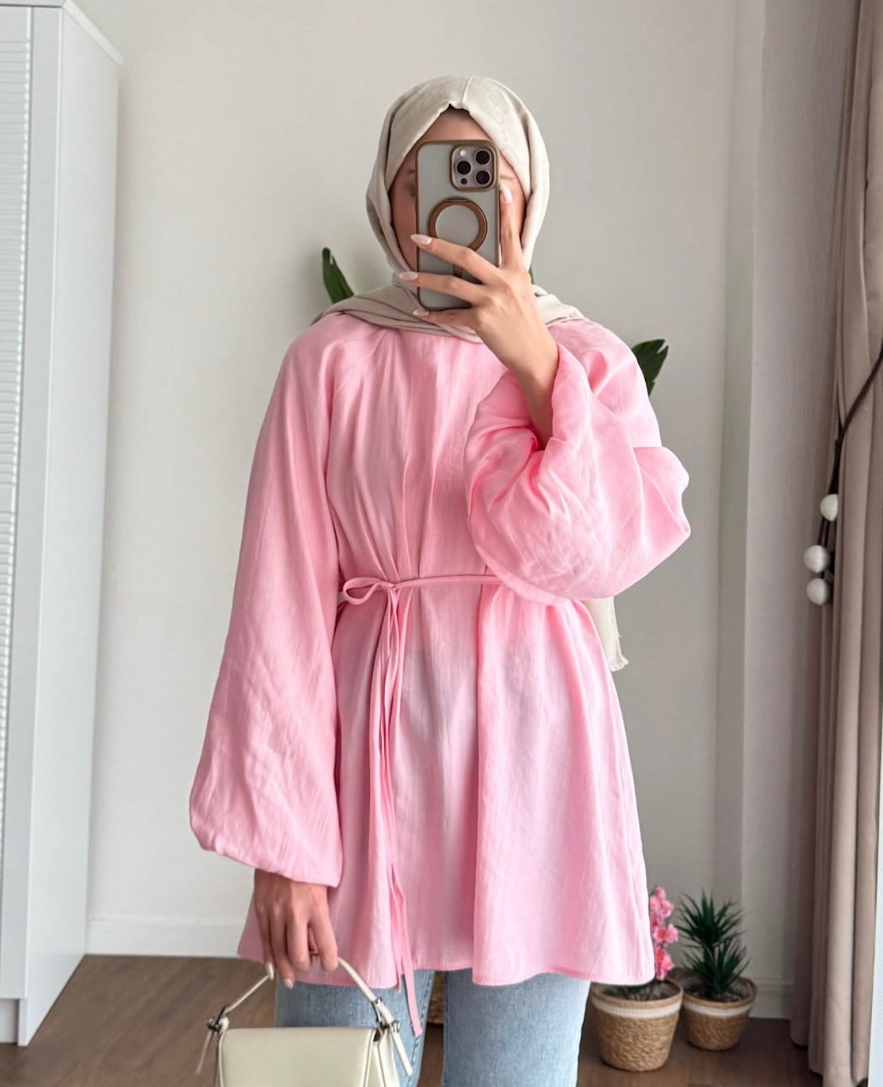 Balon Kol Bel Bağlamalı Tesettür Gömlek - Pembe
