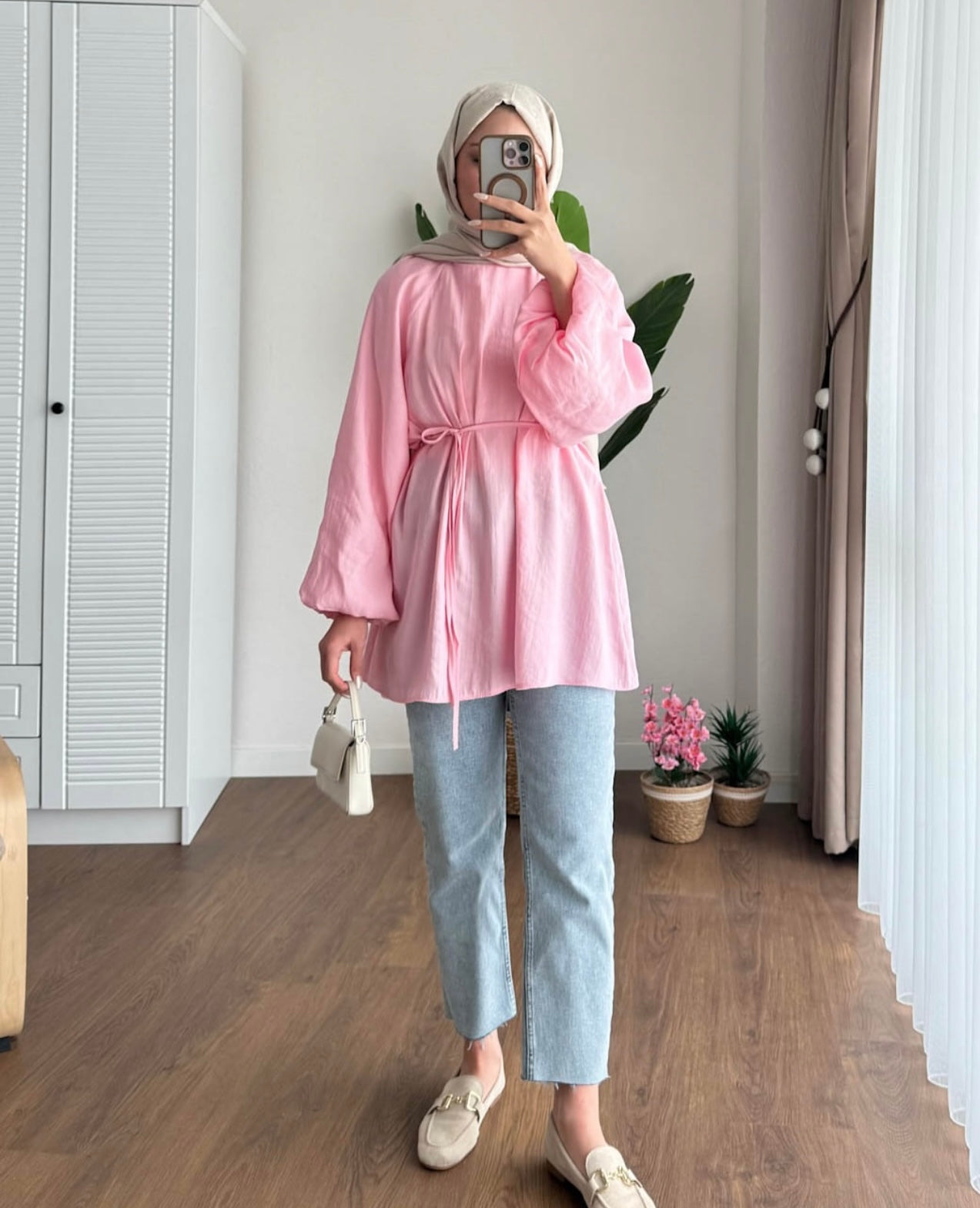 Balon Kol Bel Bağlamalı Tesettür Gömlek - Pembe