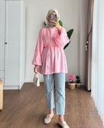 Balon Kol Bel Bağlamalı Tesettür Gömlek - Pembe