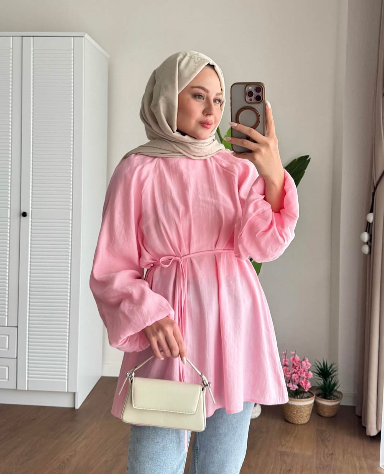 Balon Kol Bel Bağlamalı Tesettür Gömlek - Pembe