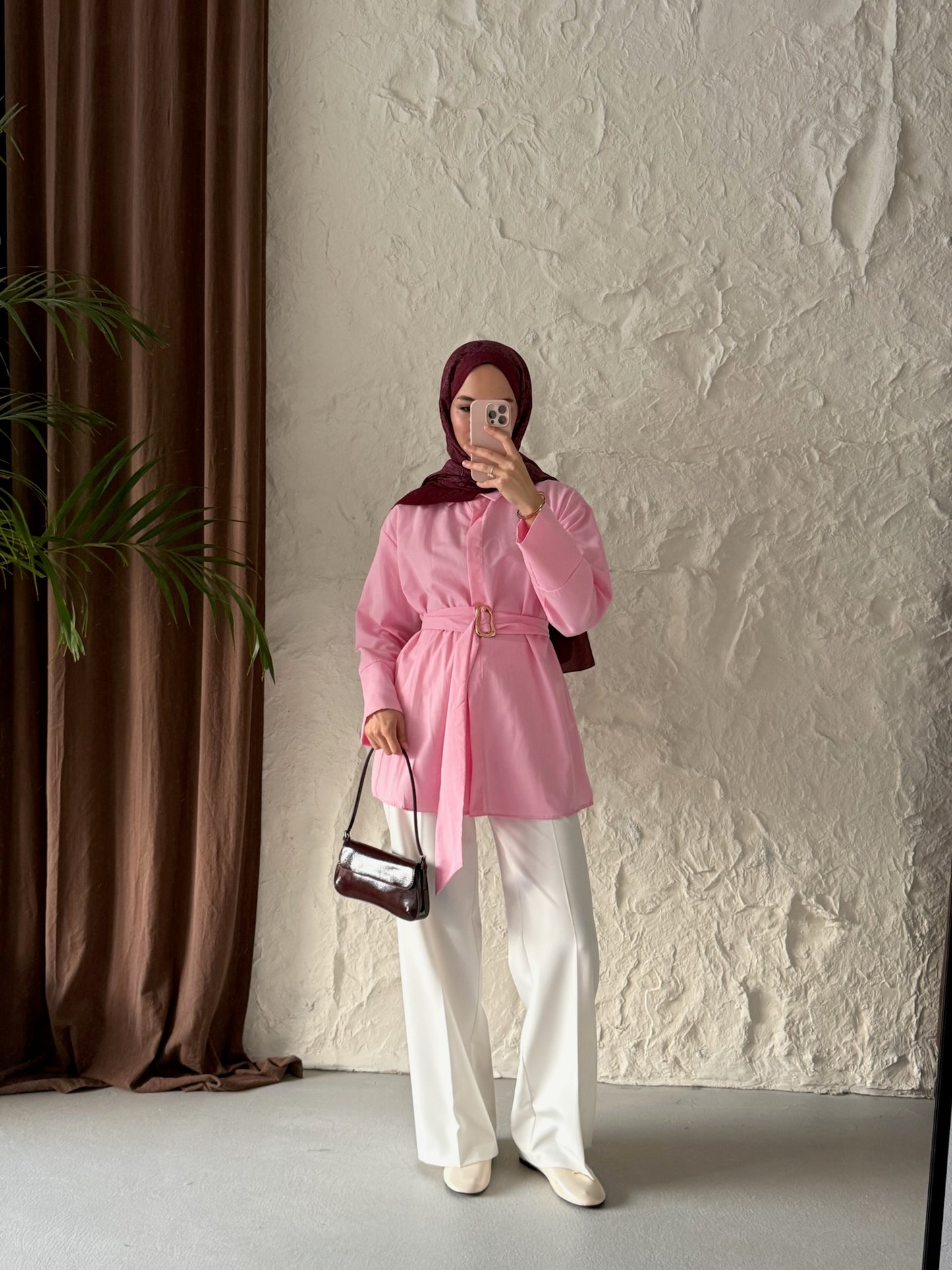 Kadın Kuşağı Toka Detaylı Bel Bağlamalı Tesettür Gömlek -Pembe