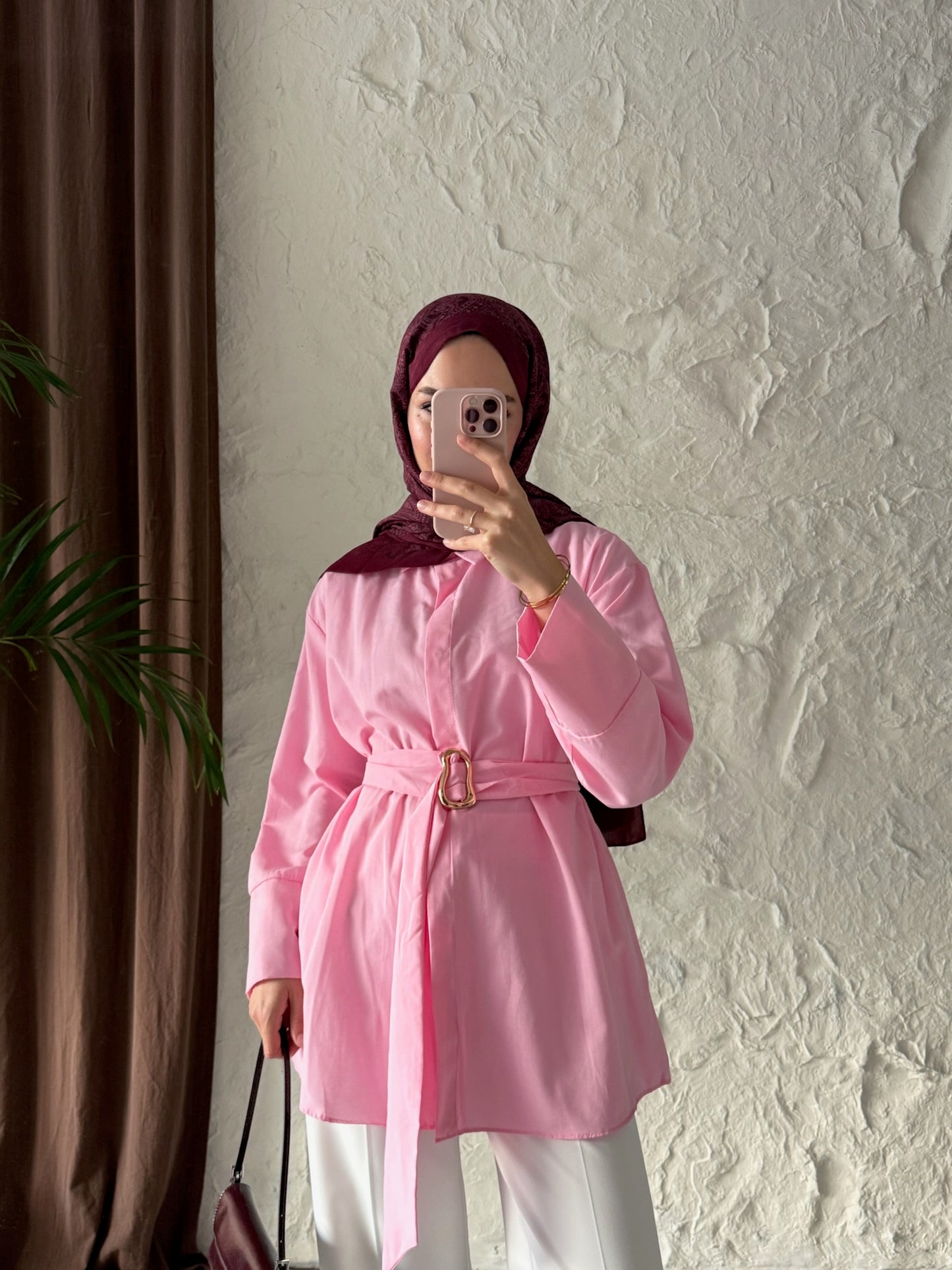 Kadın Kuşağı Toka Detaylı Bel Bağlamalı Tesettür Gömlek -Pembe
