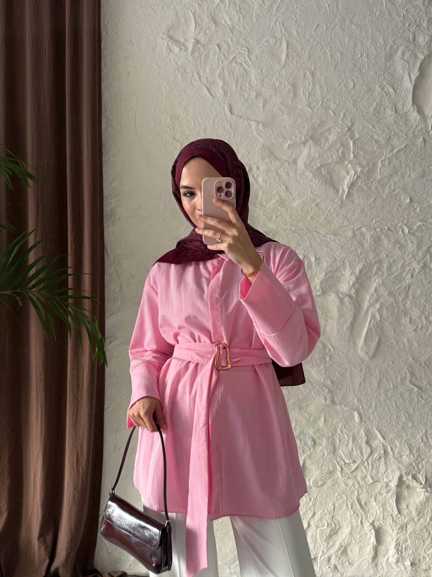 Kadın Kuşağı Toka Detaylı Bel Bağlamalı Tesettür Gömlek -Pembe