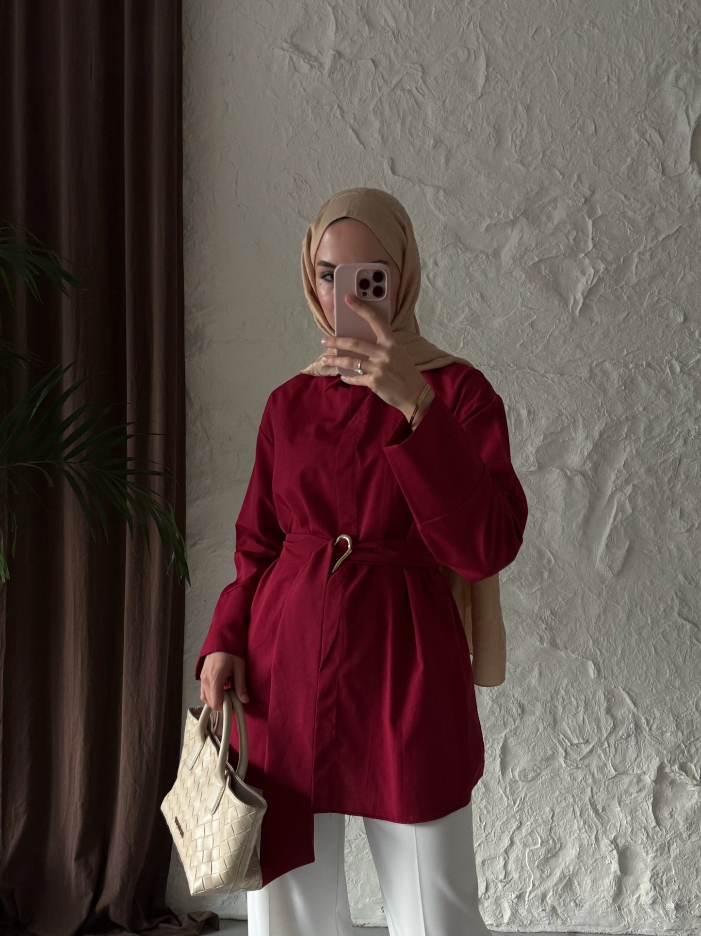 Kadın Kuşağı Toka Detaylı Bel Bağlamalı Tesettür Gömlek -Bordo