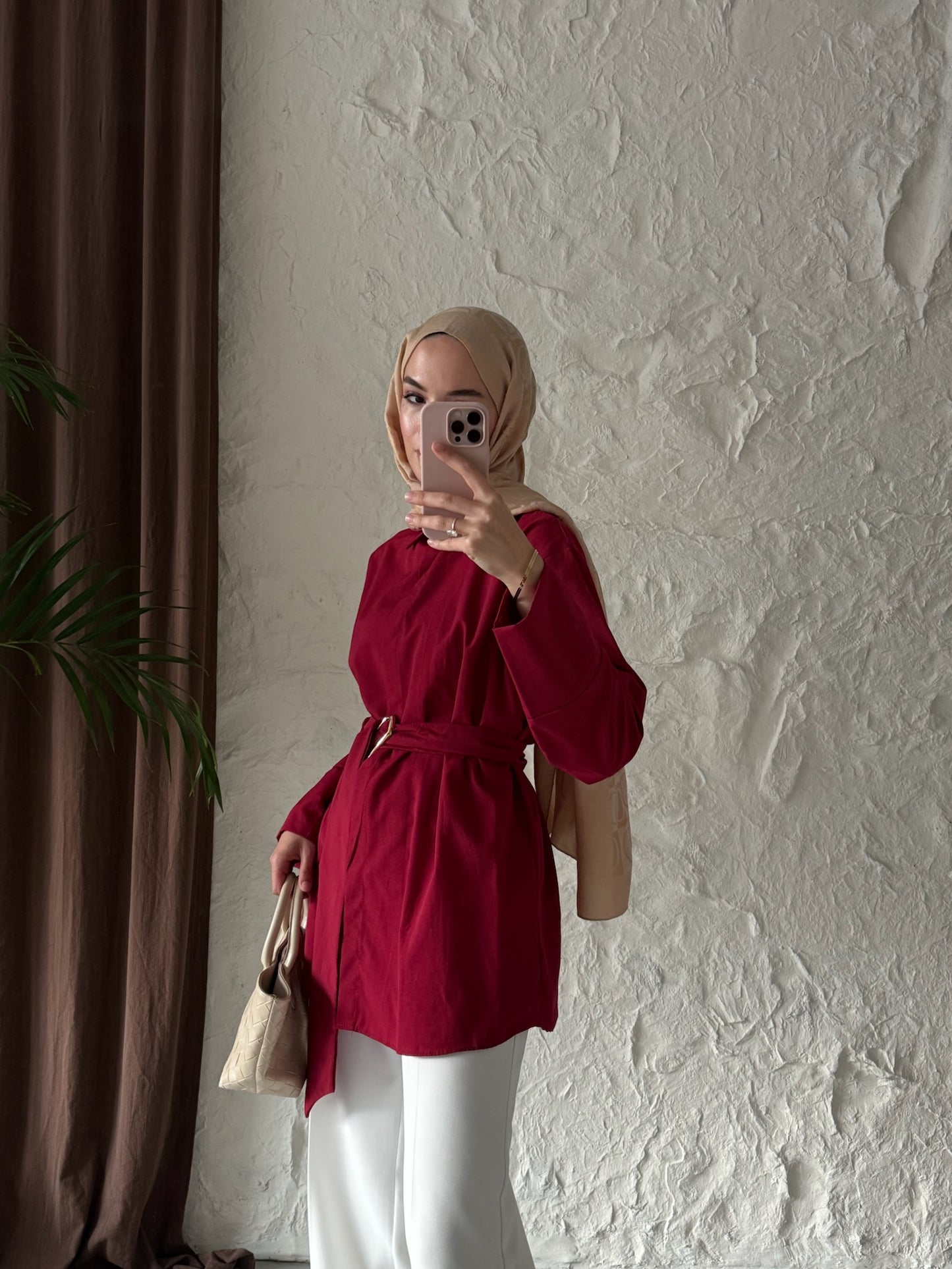 Kadın Kuşağı Toka Detaylı Bel Bağlamalı Tesettür Gömlek -Bordo