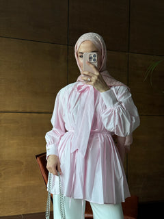 Kadın Önü Pileli ve Bel Bağlamalı Tesettür Gömlek - Pembe