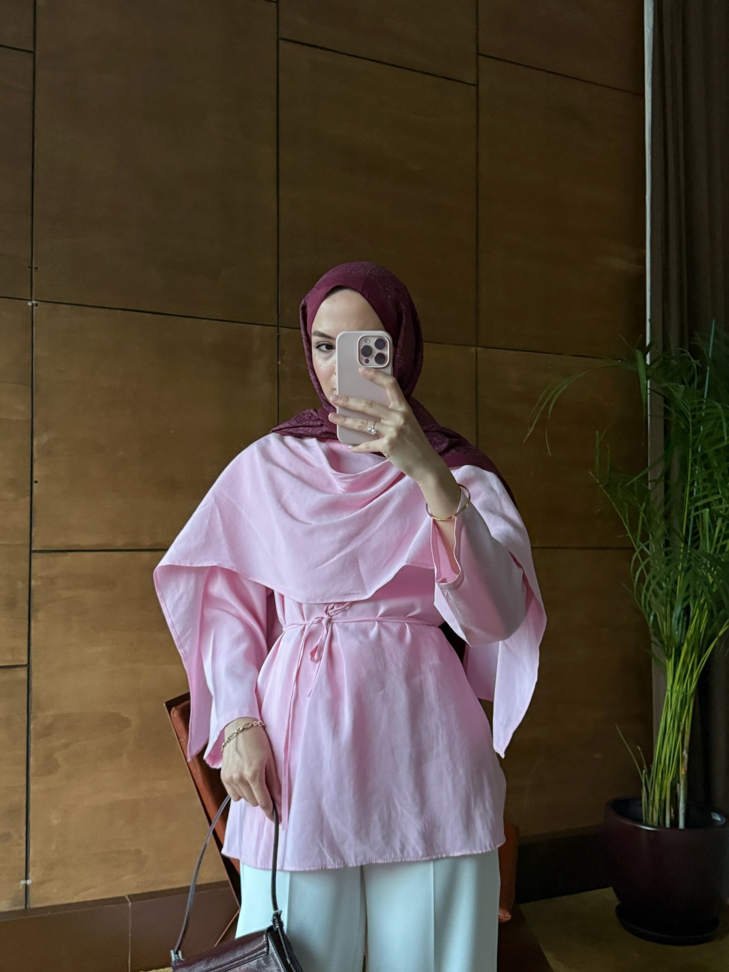 Kadın Pelerinli Bel Bağlamalı Tesettür Gömlek -Pembe