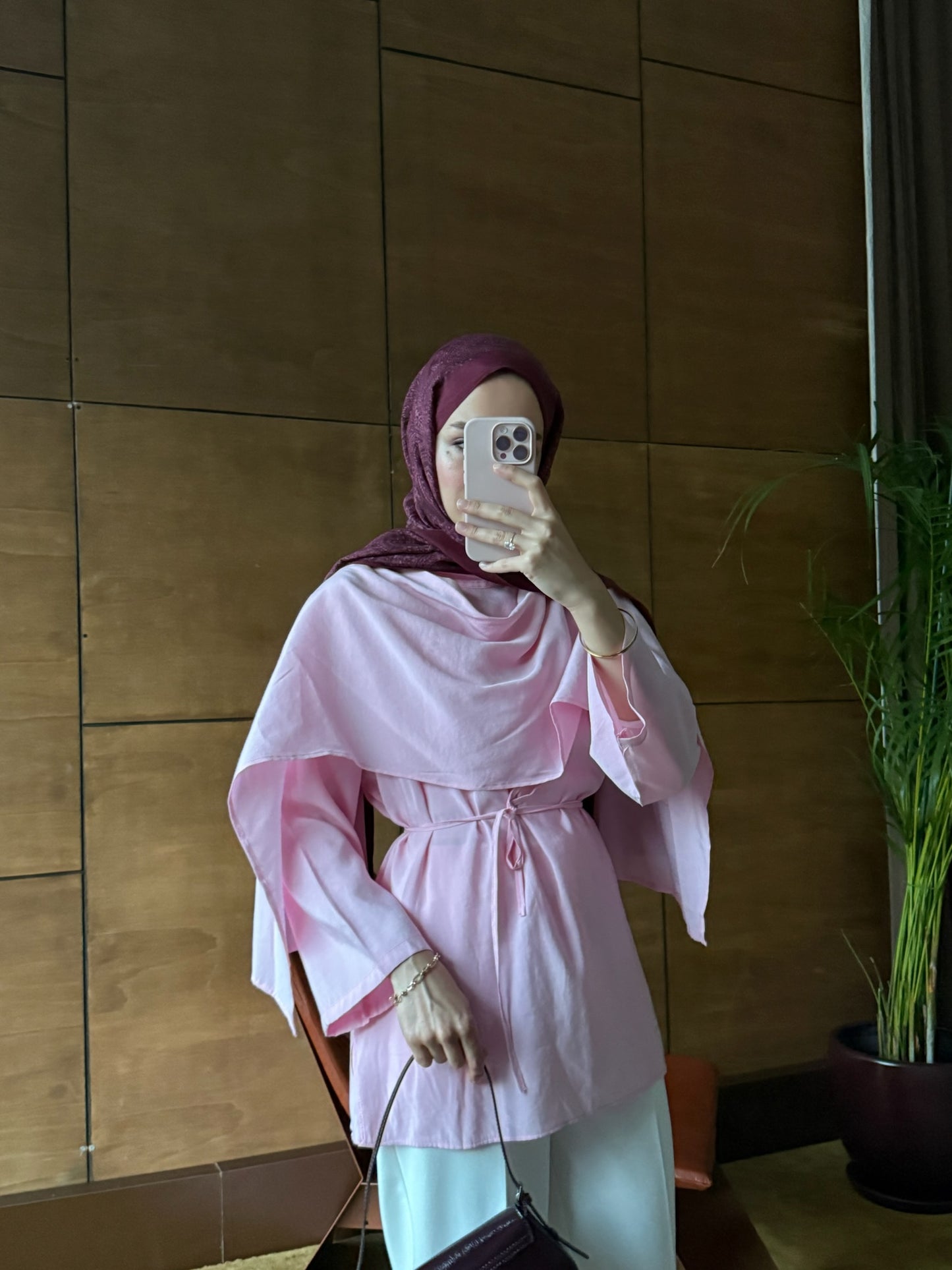 Kadın Pelerinli Bel Bağlamalı Tesettür Gömlek -Pembe