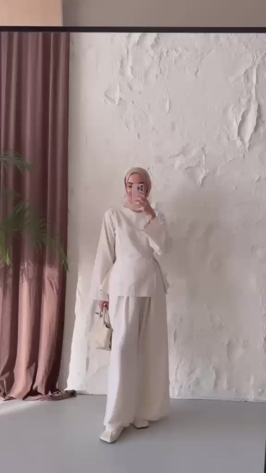 Kadın Yırtmaç Detaylı Pantolonu Lastikli Pinterest Takım - Bej