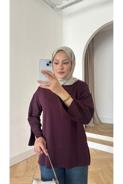 Kadın Kolları ve Eteği Yırtmaç Detaylı Tesettür Tunik - Mürdüm - Görsel 1