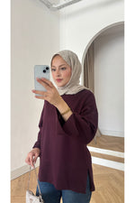 Kadın Kolları ve Eteği Yırtmaç Detaylı Tesettür Tunik - Mürdüm - Görsel 5